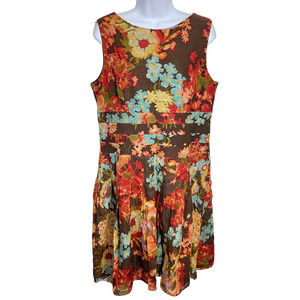 Kay Unger Dress Wool Silk Floral Sleeveless Pleated Brown Blue Red 16